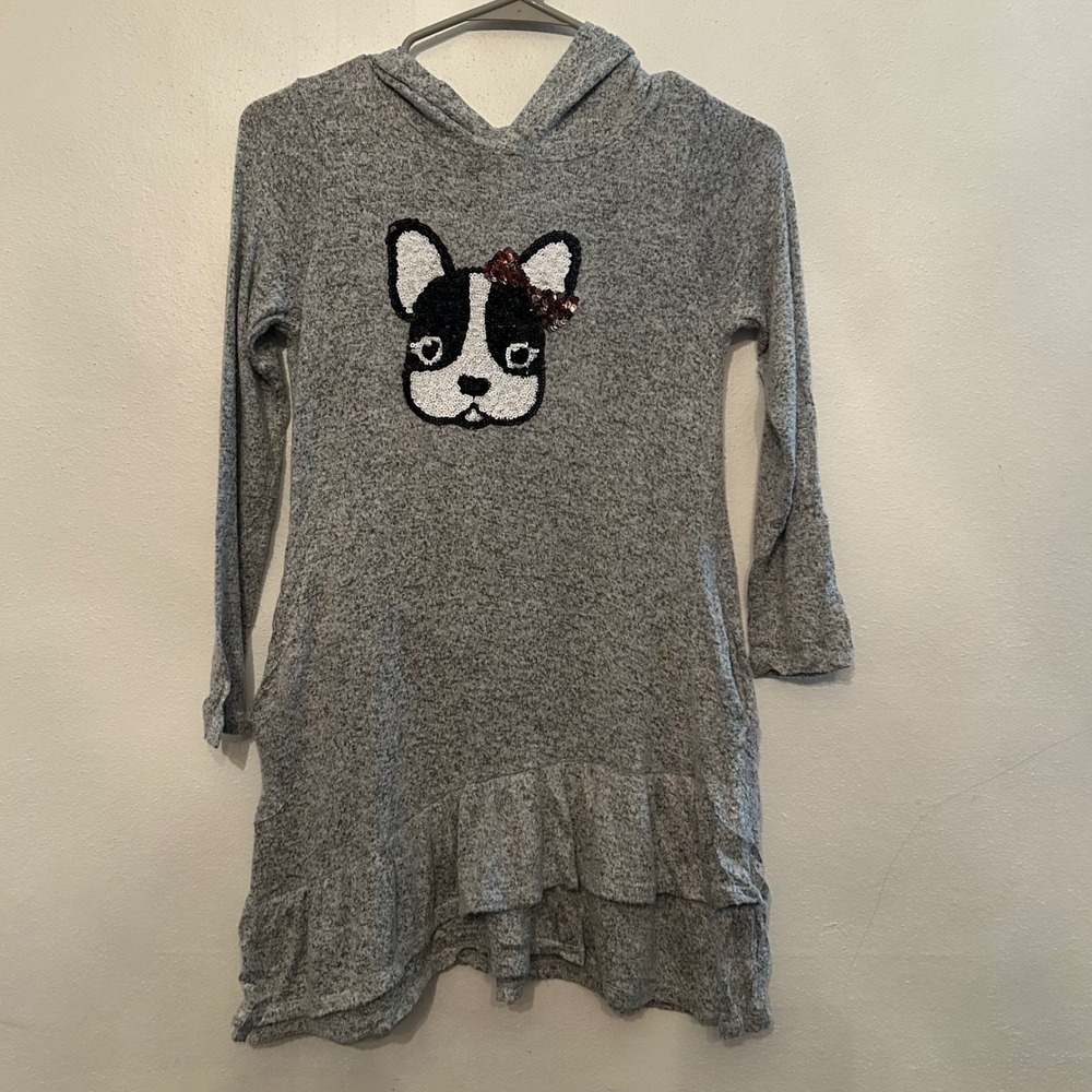 Bailey‎ Lane Kids Girls Dress Hoodie French Bulldog Sequin Gray Size M